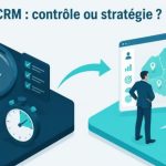 Illustration CRM pharma : d'un côté un délégué médical sous une loupe (contrôle), de l'autre devant un tableau de bord stratégique