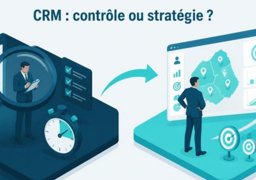 Illustration CRM pharma : d'un côté un délégué médical sous une loupe (contrôle), de l'autre devant un tableau de bord stratégique