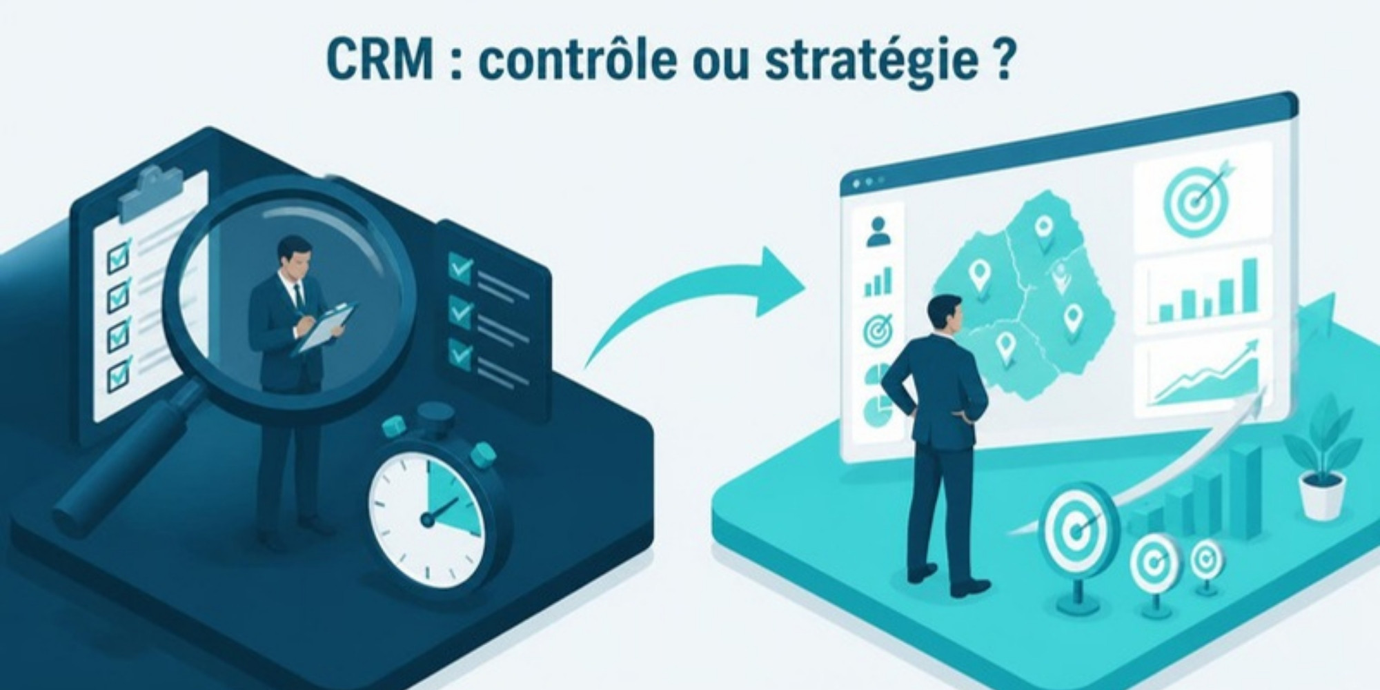 Illustration CRM pharma : d'un côté un délégué médical sous une loupe (contrôle), de l'autre devant un tableau de bord stratégique