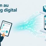 Illustration : un délégué médical avec une tablette de rapport de visite, dont les données alimentent l'email, les réseaux sociaux et les campagnes de marketing digital