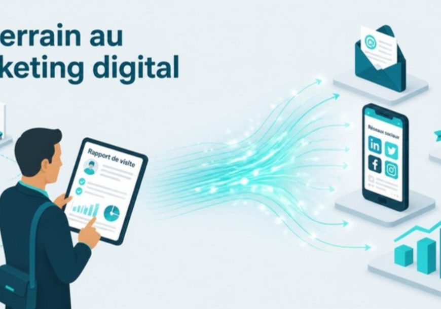 Illustration : un délégué médical avec une tablette de rapport de visite, dont les données alimentent l'email, les réseaux sociaux et les campagnes de marketing digital
