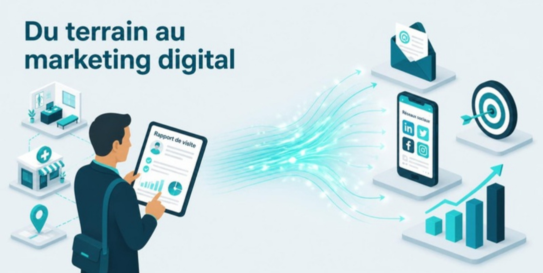 Illustration : un délégué médical avec une tablette de rapport de visite, dont les données alimentent l'email, les réseaux sociaux et les campagnes de marketing digital