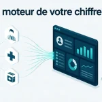 Illustration : un délégué médical avec une tablette, dont les données de visites alimentent un tableau de bord CRM et une courbe de chiffre d'affaires en hausse