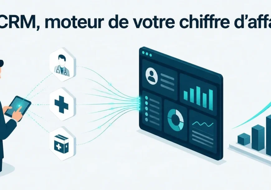 Illustration : un délégué médical avec une tablette, dont les données de visites alimentent un tableau de bord CRM et une courbe de chiffre d'affaires en hausse
