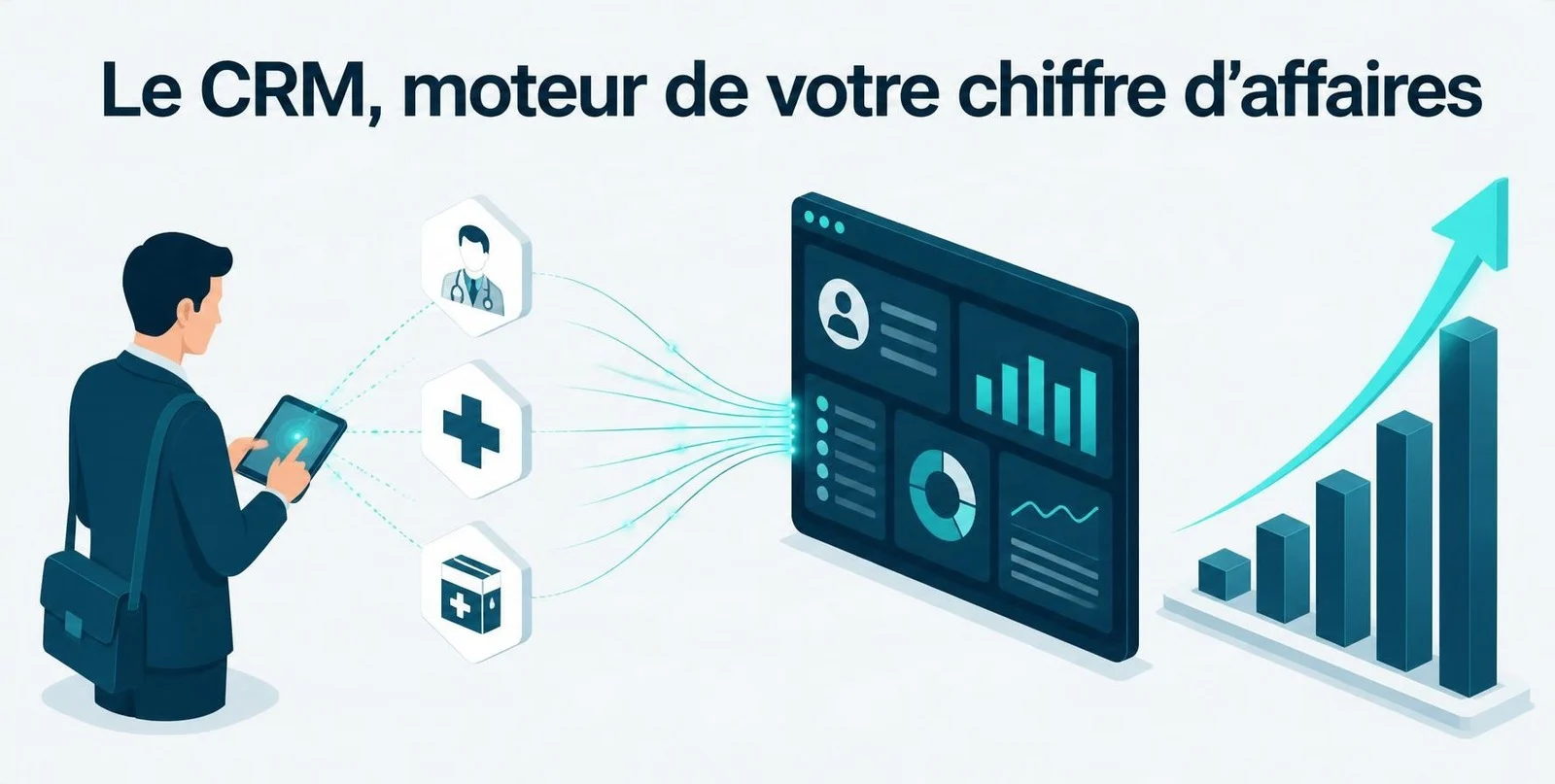 Illustration : un délégué médical avec une tablette, dont les données de visites alimentent un tableau de bord CRM et une courbe de chiffre d'affaires en hausse